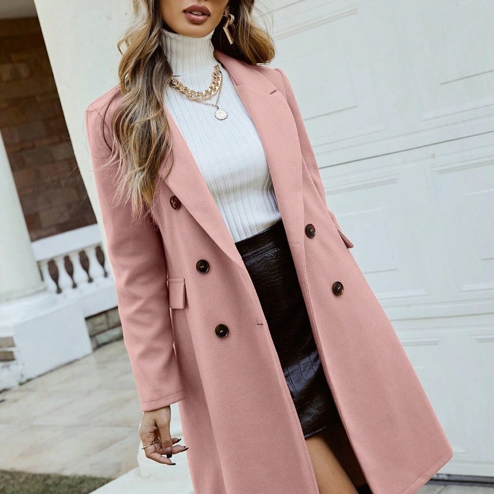 Pink Preppy Womens Lapel Collar Double Breasted Overcoat